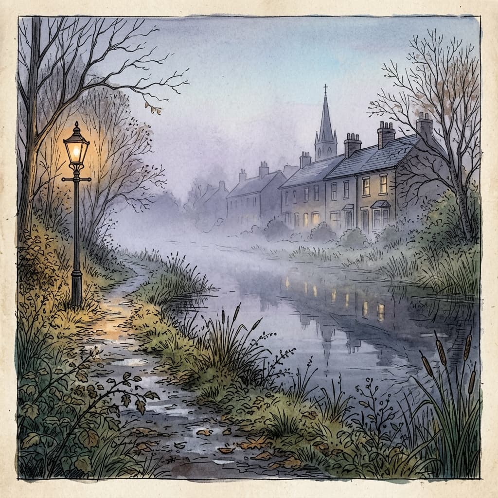 Morgennebel zieht über den stillen Kanal in Ashworth Green.