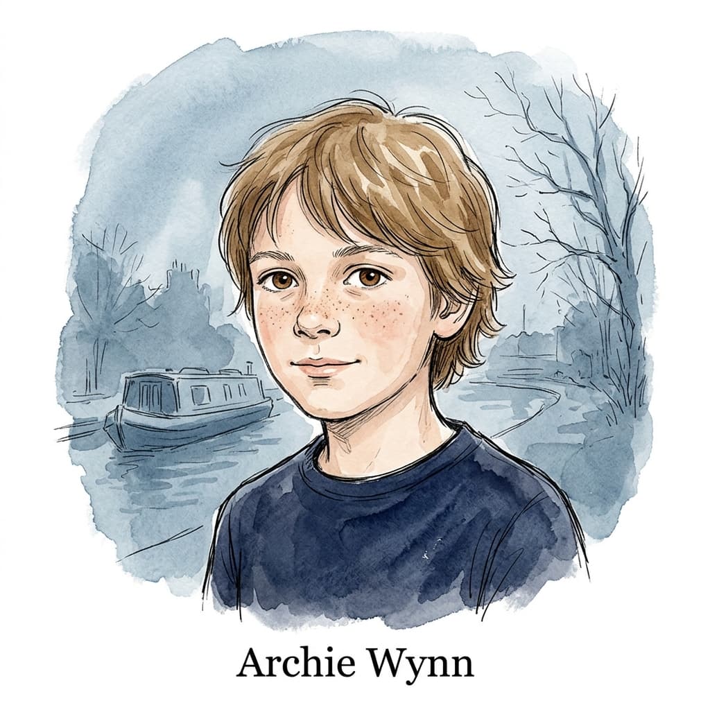 Illustriertes Portrait von Archie Wynn — hellbrauner zwölfjähriger Junge in dunkler Kleidung, neblige Kanal-Atmosphäre im Hintergrund.